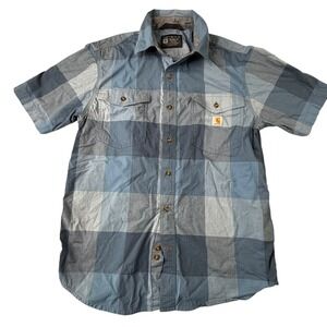 Carhartt Mens Button Up Shirt Size Medium‎ Blue Plaid Rugged Flex Relaxed Fit